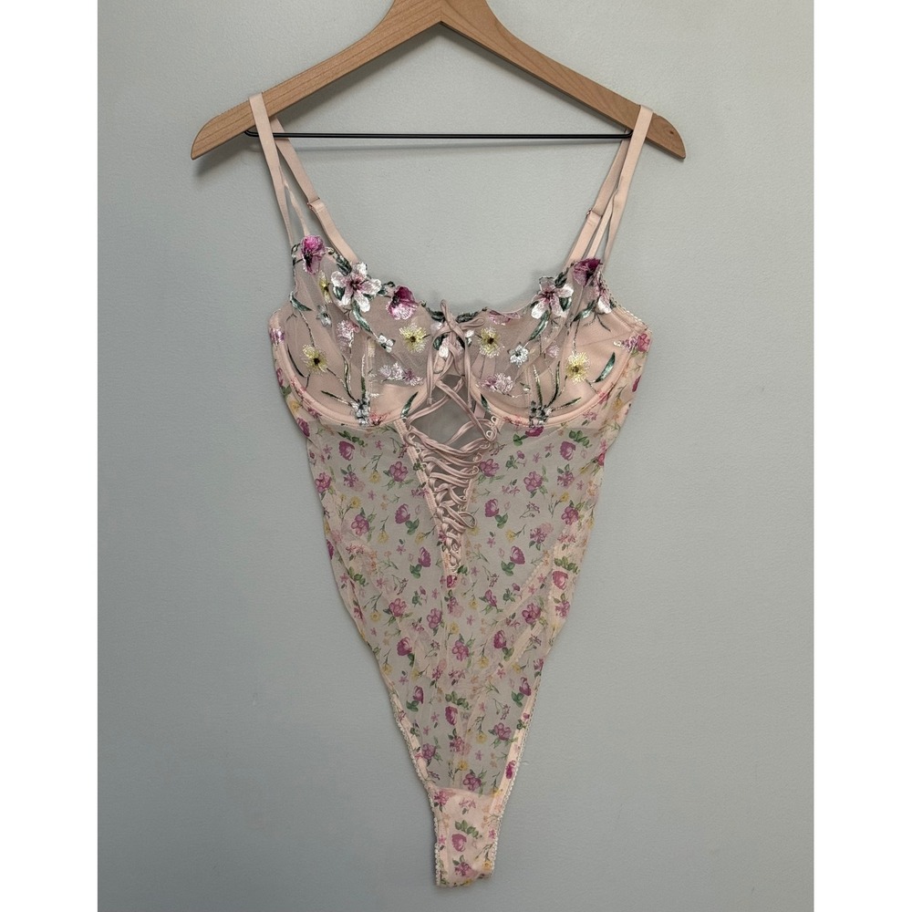 Victoria's Secret Wicked Unlined Balconette Teddy Floral Lace Up Bodysuit XL